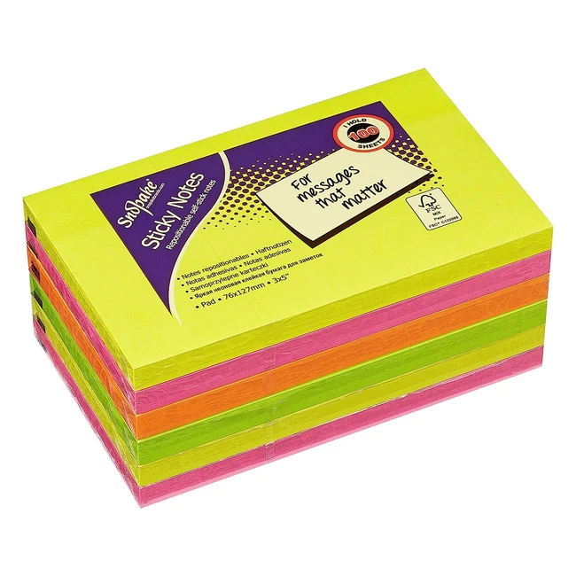 Snopake Neon Sticky Notes - Pack of 6 - 100 Sheets per Pad - 127x76mm
