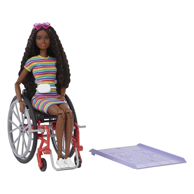 Barbie Fashionistas Doll 166 with Wheelchair - Crimped Brunette Hair, Rainbow Striped Dress, White Sneakers - Toy for Kids 3-8