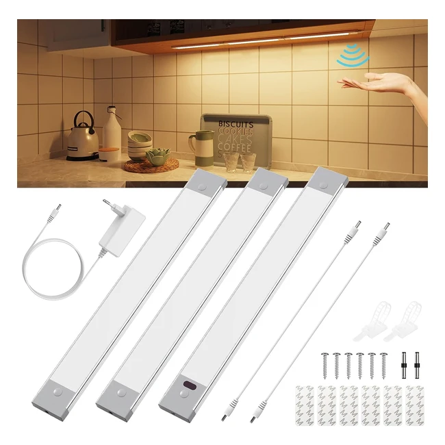 Luz LED Cocina Bajo Mueble con Sensor Sin Contacto 30cm x 3 - Regulable - Blanco Cálido 2700K