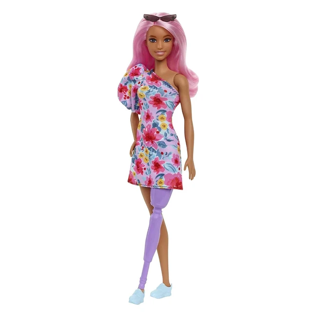 Barbie Fashionistas Doll 189 - Pink Hair, Offshoulder Floral Dress, Sunglasses, Prosthetic Leg, Sneakers - Ages 3-8