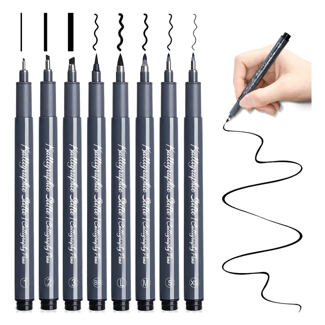 Calligraphy Pens for Beginners Set - 8 Size Black Brush Pens - Art Stocking Fillers Craft Gifts
