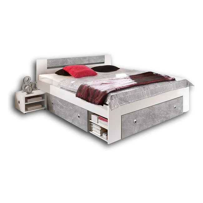 Stefan Moderne Doppelbett Bettanlage 180x200cm mit 2x Nachtkommoden - Betonoptik Weiß