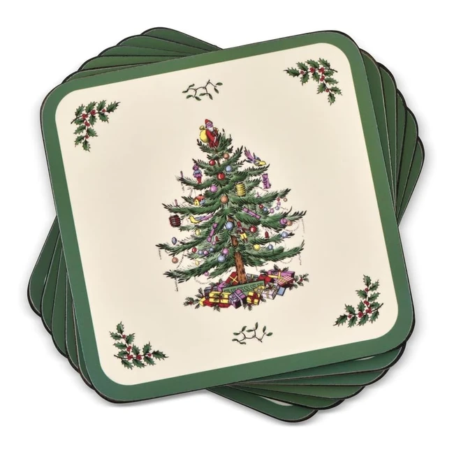 Spode Christmas Tree Coasters Set of 6 - Green - Cork Backed - Brand New