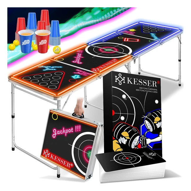 Kesser Beer Pong Tisch Set mit Kartenspiel & LED-Action - inkl. 100 Becher, 50 Rot & 50 Blau, 6 Bälle - Partyspiele, höhenverstellbar, klappbar