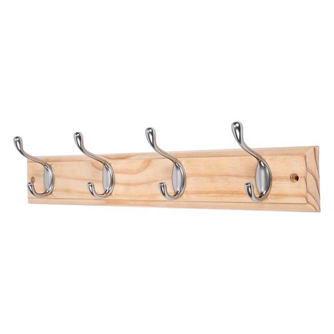 Dokehom 4Satin Nickel Hooks on Pine Wooden Board - Wall Mounted Coat Hook Rack Hanger - Strong & Stylish