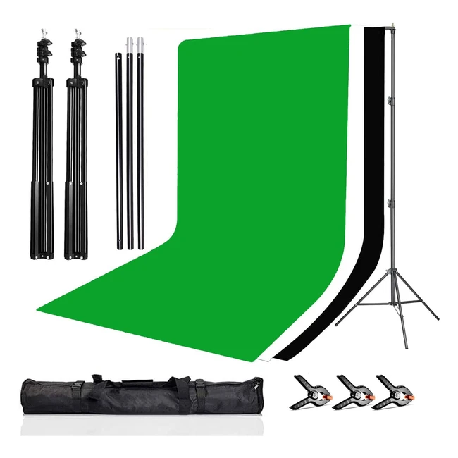 Yisitong Photography Studio Green Screen Backdrop 16m x 3m - 3pcs Cotton Background Fabric - Black, White, Green - 65ft x 65ft - 2m x 2m Background Stand - 3 Clamps - Carry Bag - Photo Video