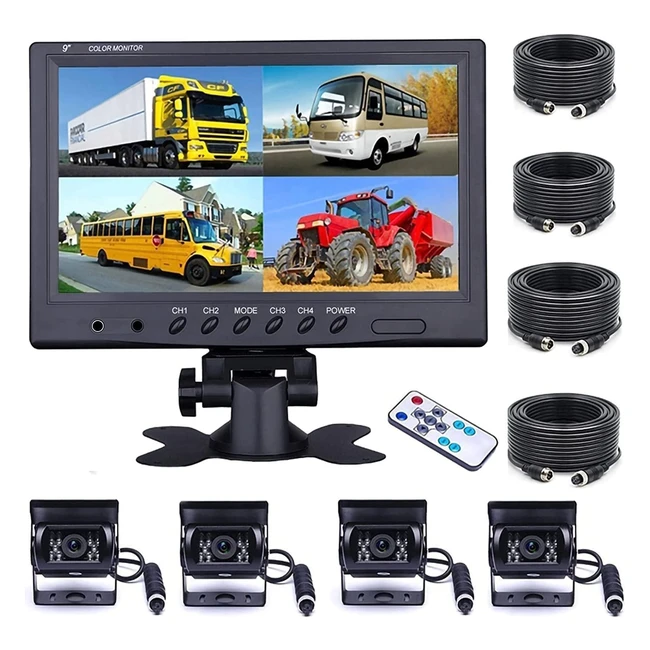 Camecho 9 Inch 4Split Monitor Vehicle Backup Camera - 18 IR Night Vision - Waterproof - RV Trailer Bus Trucks