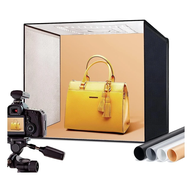 Boîte Studio Photo Raleno 50x50x50 cm - Tente de Shooting avec Lumière Réglable 50W 5500K - 92 CRI - 4 Fonds PVC Noir Orange Blanc - Référence: XXXX