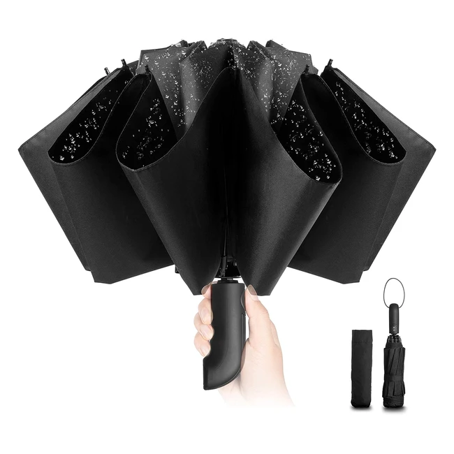 Paraguas Plegable Compacto Negro - A Prueba de Viento - Revestimiento de Teflón - 105cm - 10 Varillas