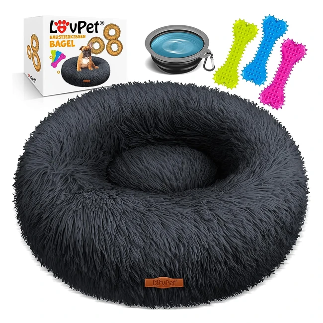 Lovpet Hundebett Katzenbett Bagel inkl. Napf, 3x Kauknochen - Plüsch Hundekissen für kleine bis große Hunde und Katzen - 50cm, anthrazit