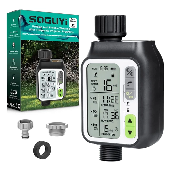 Programmateur d'arrosage automatique Soguyi - 3 programmes d'irrigation - Minuteur pour jardin avec capteur de pluie