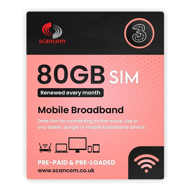 Three 80GB Data SIM 5G Businessgrade Data Renewed Monthly - Perfect for WiFi Routers Tablets Phones