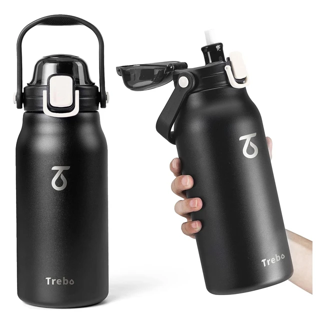Trebo Insulated Water Bottle 1L - Stainless Steel, Two Lids, Handle, Carrying Pouch, Wide Mouth - Keeps Cold for 48h, Hot for 24h