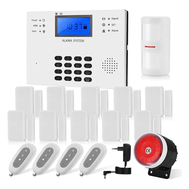 Alarme Maison Sans Fil GSM 17 pièces - Système d'Alarme sans fil avec SMS/Appel - Sirène 120dB - Capteur de Porte et Fenêtres - 4 Télécommandes
