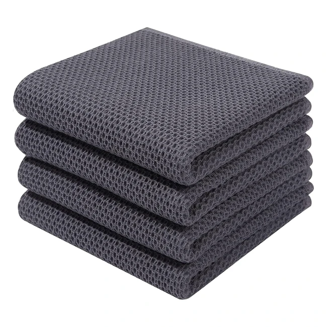 Moosfor Kitchen Towels - Pack of 4 - 100% Pure Cotton - Highly Absorbent - Super Soft - Quick Drying - Durable - Waffle Weave - Dark Grey