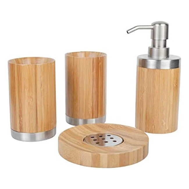 Ensemble d'accessoires de salle de bains Axentia - Pratique et élégant en bambou - Couleur bois/argent