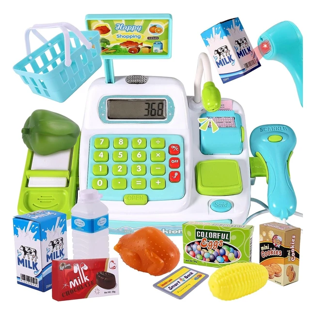 Buyger Kids Toy Cash Register with Scanner  Calculator - Realistic Role Play Sh