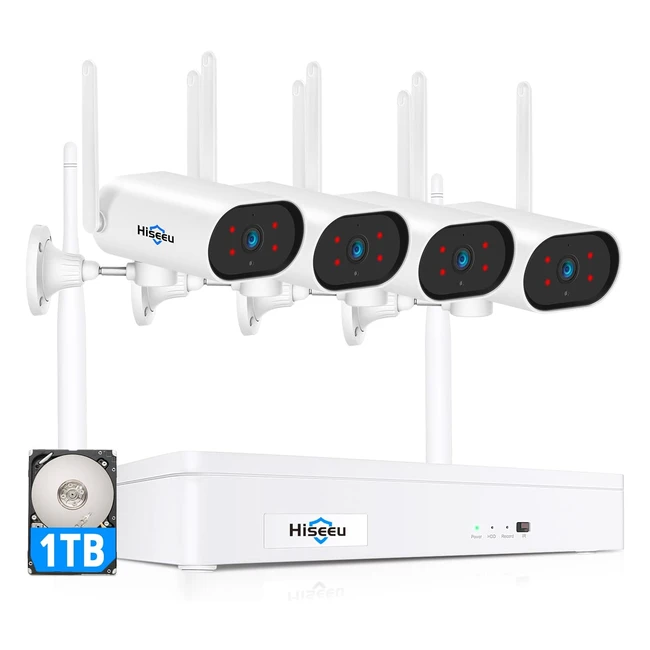 Kit Videosorveglianza WiFi Esterno 8 Canali NVR Hiseeu 3MP con 4 Telecamere Wireless IP Esterno - Rilevamento Movimento, Accesso Remoto
