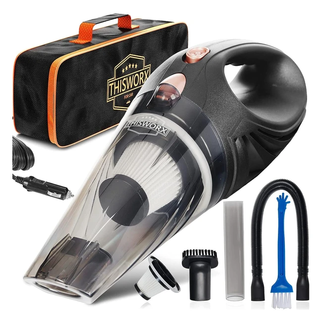 thisworx Car Vacuum Cleaner - Portable Lightweight Handheld Vacuums w/Strong Suction - 3 Attachments - 12V - Car Cleaning Kit
