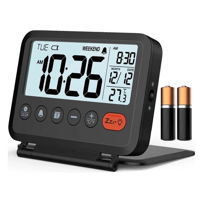 Meesmeek Travel Alarm Clock - 2-Level Backlight, 2 Volumes, 12/24h Calendar, Temperature - Small Digital Clock