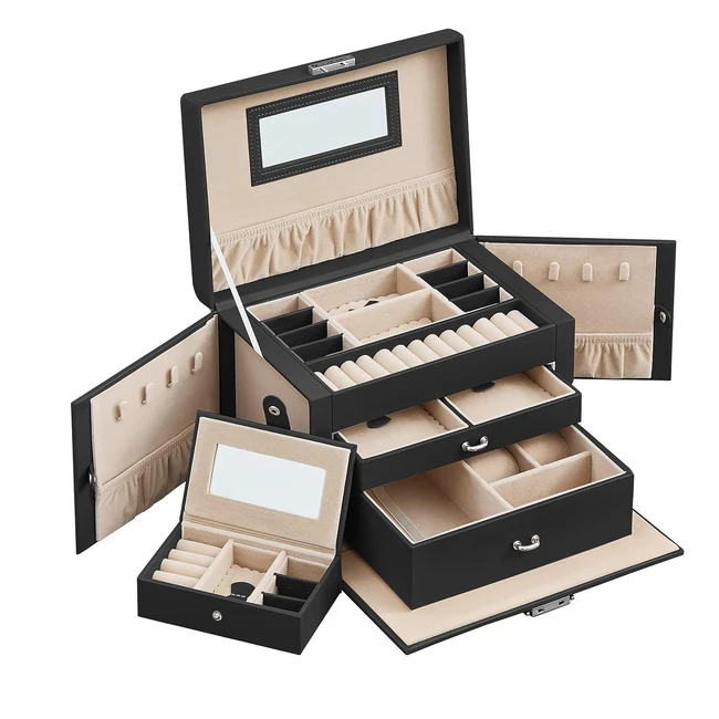 Songmics Jewellery Box 3 Layers with 2 Drawers - Lockable Storage - Portable Travel Case - Black JBC121B