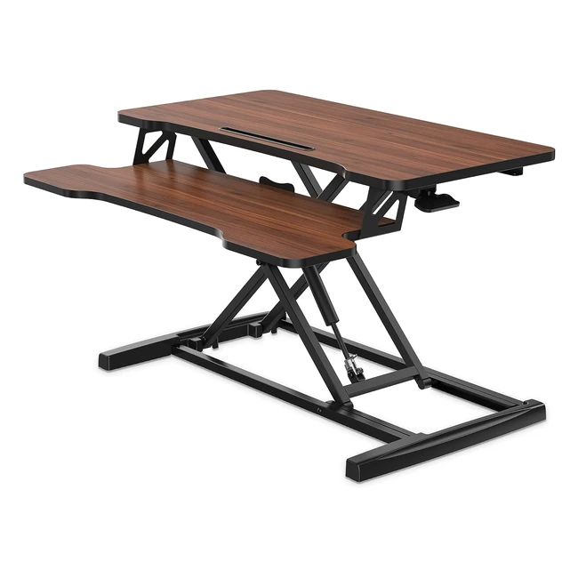 Fitueyes Standing Desk Converter - Height Adjustable Sit Stand Desk - 80cm - Deep Keyboard Tray - Phone Holder - Dual Monitors - Brown