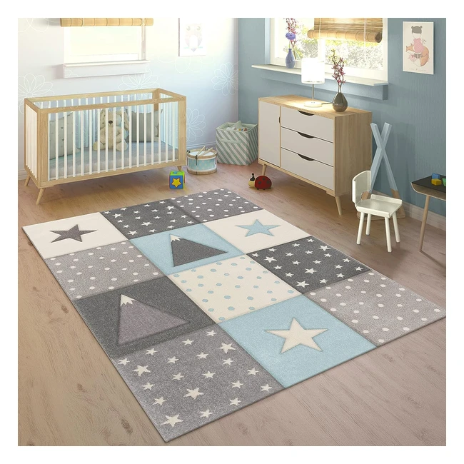 Kinderteppich für Jungen und Mädchen, modernes Design, kariert, mit Punkten, Mond und Sternen, in Weiß, Grau und Blau, Größe 120 cm rund