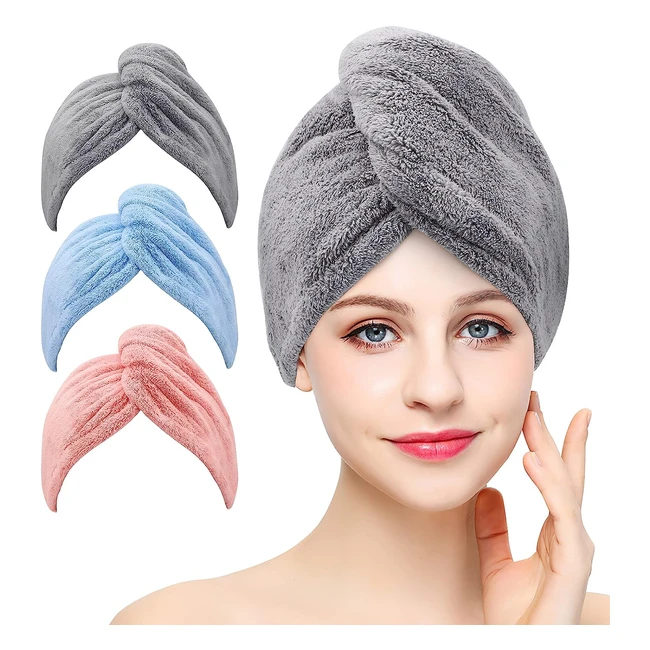 Laicky Microfiber Hair Drying Towel Wrap - Super Absorbent, Fast Dry Hair Caps - Gray Pink Blue
