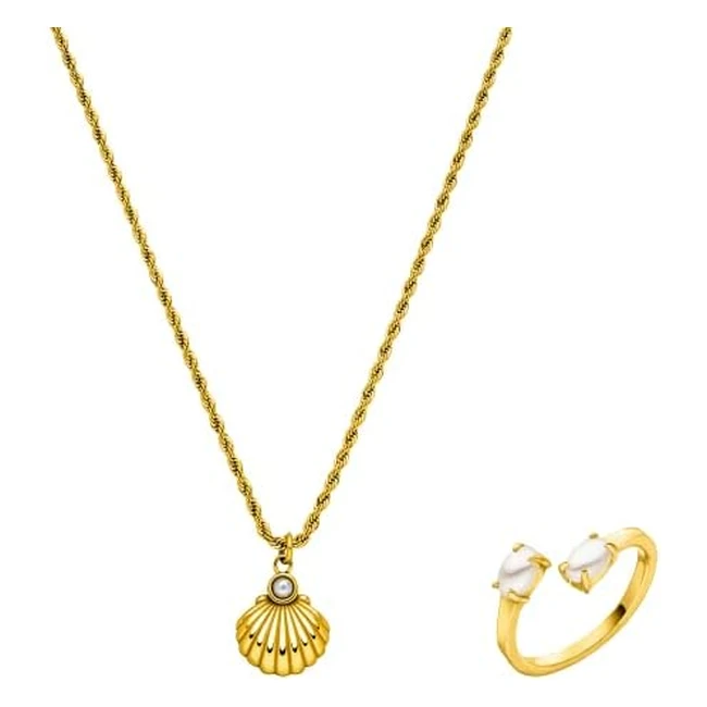 Purelei Hapuna Schmuckset - Gold/Silber/Rosegold - Edelstahl - Wasserfeste Halskette und Ring mit Perlen und Muschel