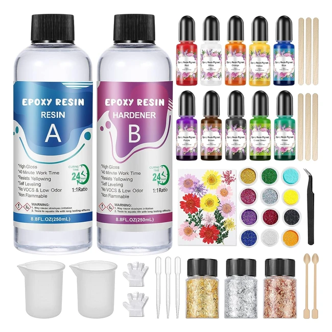 Hohone Epoxy Resin Kit for Beginners - Crystal Clear, 176oz/500ml - Includes Pigments, Glitter, Flowers - #1 Resin Starter Kit