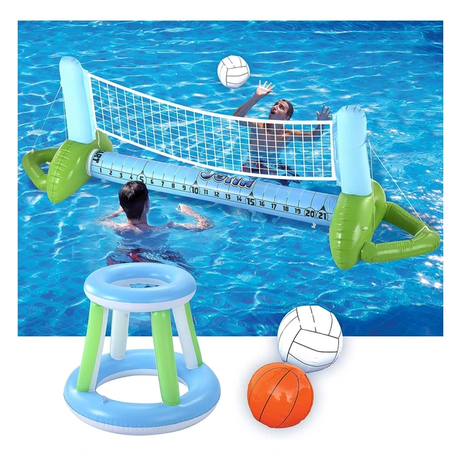 Inflatable Pool Float Set - Volleyball Net, Basketball Hoops, Balls - Fun for Kids and Adults - Summer Floaties