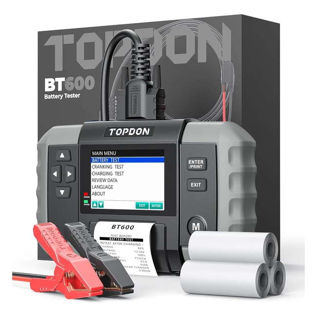 Testeur de batterie Topdon BT600 12V 24V avec imprimante - 35 pouces - Câble de 59 pieds