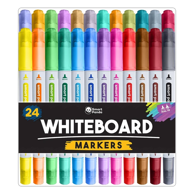 Smart Panda 24 Whiteboard Pens Dual Tip Thin Erasable Markers Medium and Fine - 24 Set