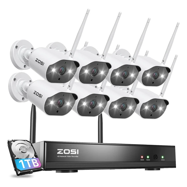 Kit Videosorveglianza Zosi 3MP WiFi 8CH 1TB NVR con 8x Telecamera WiFi - Visione Notturna a Colori, Rilevamento di Movimento