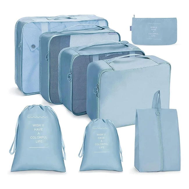 OSDUE Kofferorganizer Set, wasserdichte Packtaschen für Koffer, mit Kosmetiktasche, Schuhbeutel und USB-Kabeltasche, 8 x Blau