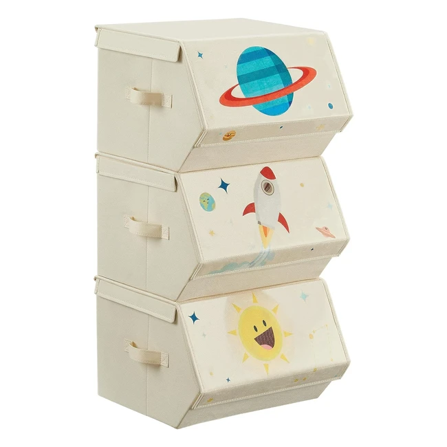 SONGMICS Aufbewahrungsbox Kinder 3er Set - Faltboxen Spielzeugkiste mit Deckel - 38 x 35 x 25 cm - Weltraummotive - Beige RLB700M01
