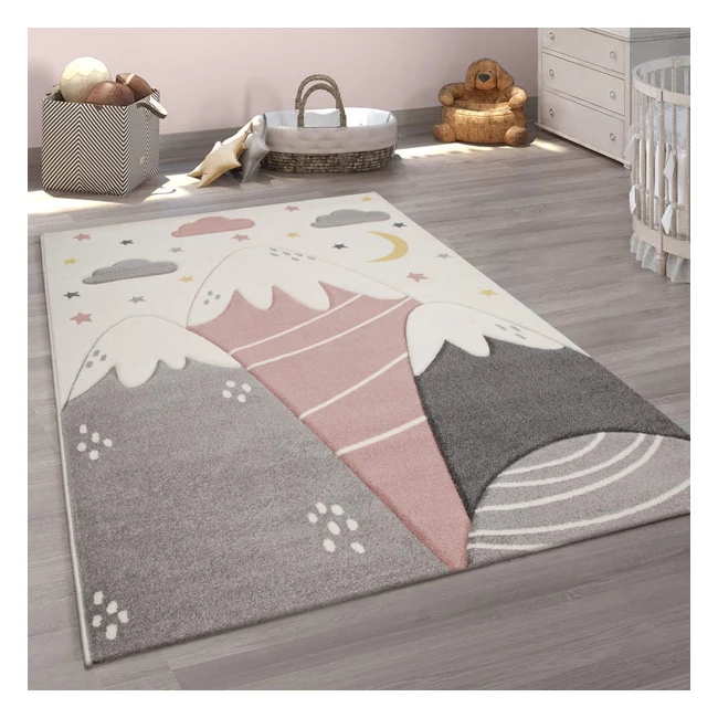 Paco Home Teppich Kinderzimmer Kinderteppich 3D Optik Modern Pastell Berge Wolken Sterne 200x290cm Pink