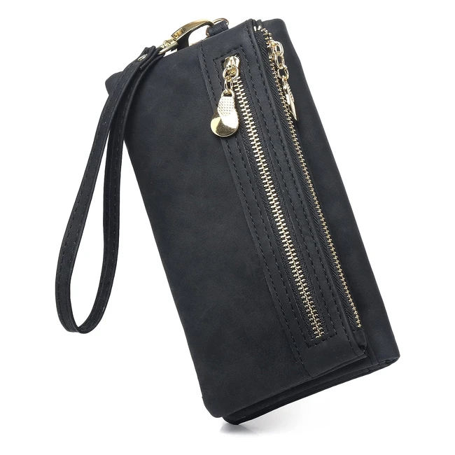 Hanaso Women Wallet - Soft Leather Clutch Bag with Wrist Strap - Black