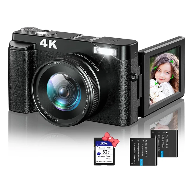 Appareil photo numérique 4K avec 32Go de carte - 48MP - Autofocus - Flash - Selfie - Compact pour débutant