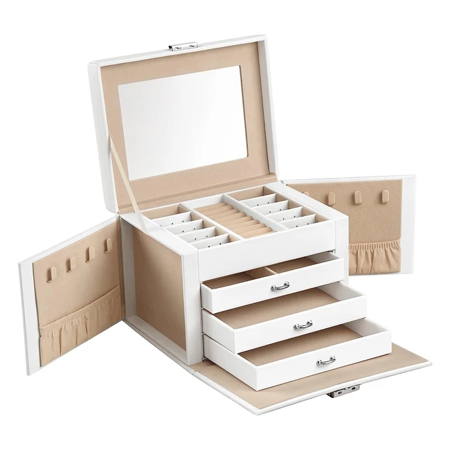 Songmics 4-Tier Jewellery Box Lockable Organiser with Handle - Modern Style Gift - White