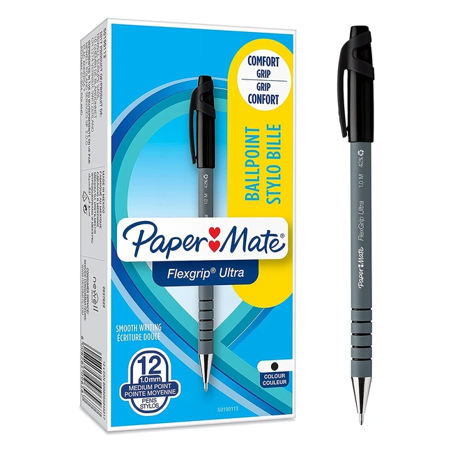 Paper Mate Flexgrip Ultra - Penna a sfera con cappuccio, punta media 1 mm, nero - Confezione da 12 penne