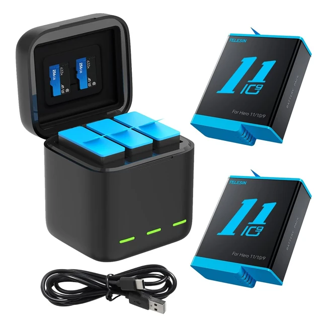 Chargeur Telesin avec 2 batteries Li-ion pour GoPro Hero 11109 Black - Stockage de batterie et mise à niveau