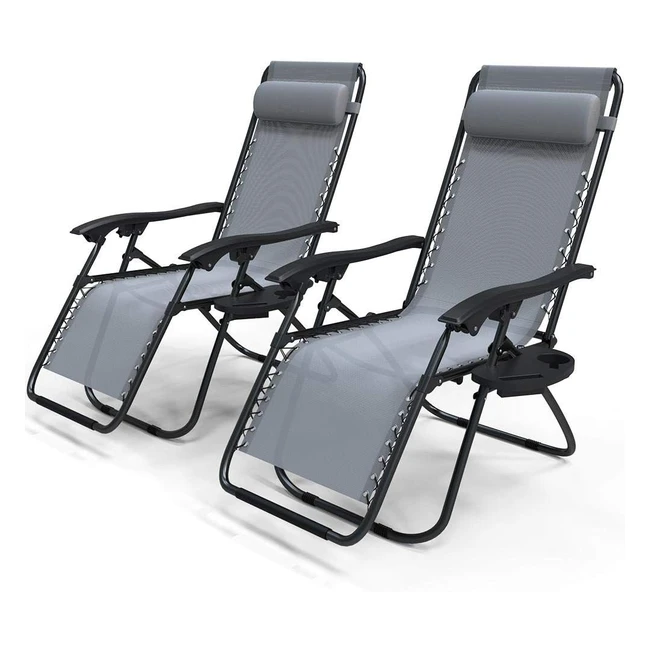 Lot de 2 chaises longues inclinables Vounot avec support de gobelet amovible - Charge max 120kg - Fauteuil relax gris