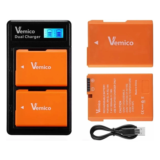 Cargador de batería Vemico ENEL14 ENEL14A - Kit 2x1500mAh - Nikon D5100 D5300 D5500 D3100 D5600 D3200 D3300 D5200