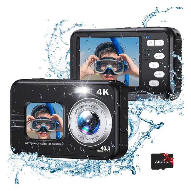 Appareil photo numérique Jckduhan 4K étanche 48 MP avec carte mémoire 64 Go - Idéal pour la plongée