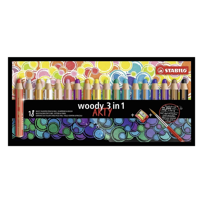 Stabilo Woody 3 in 1 - Multitalent-Buntstift, 18er Packung, verschiedene Farben, inklusive Spitzer und Pinsel