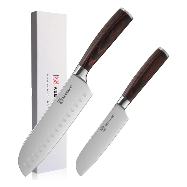 Couteaux de Cuisine Keemake 2pcs - Acier Inoxydable 14116 - Poignée en Bois Vintage - Santoku 18cm - Multifonction 12.7cm