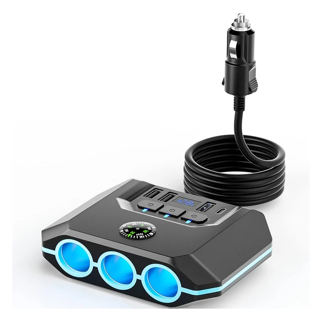 Multiprise Allume-Cigare Buvaye 240W avec Voltmètre LED et Interrupteur - Chargeur Allume-Cigare USB Rapide PD et QC3.0 - Chargeur Voiture USB-C pour Voyage Famille