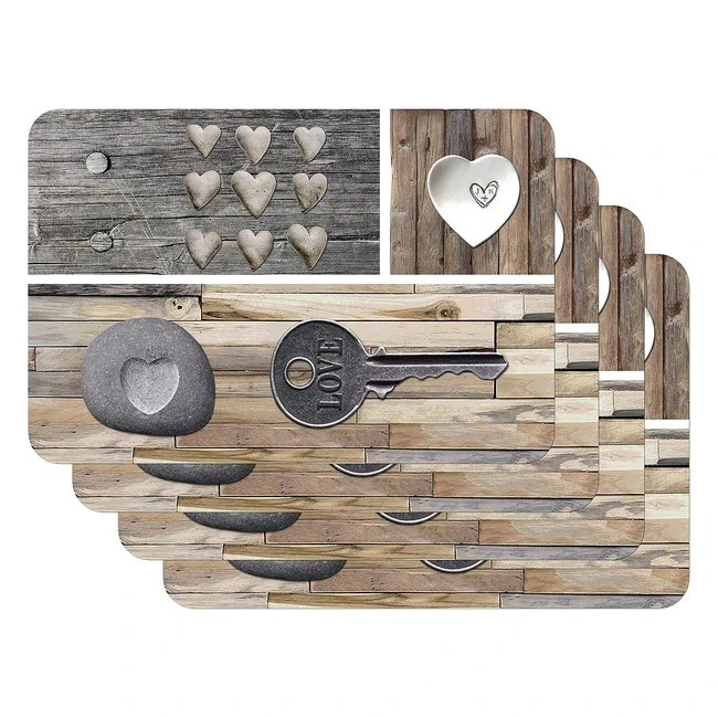 Venilia Tischset Key of Love, Muster Platzset für Esszimmer, Esstischmatten, Telleruntersetzer, Platzdeckchen, lebensmittelecht, 45x30cm, 4 Stück, Braun 59081