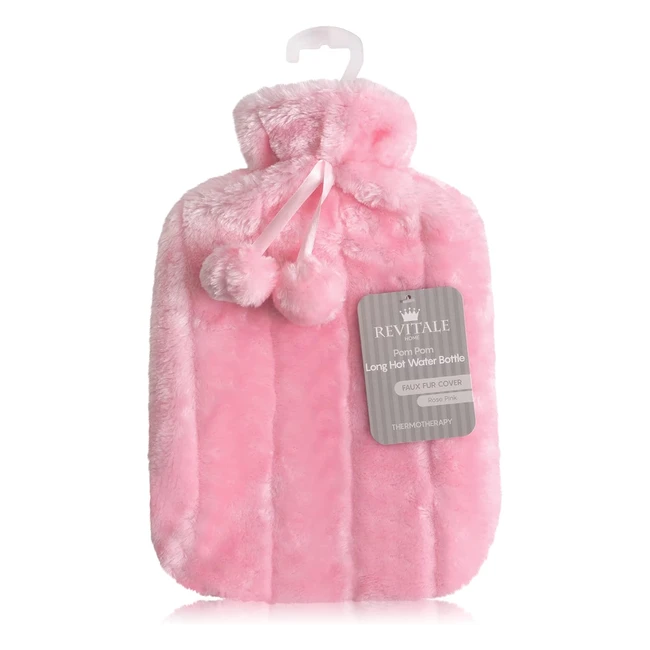 Revitale Luxury Cosy Faux Fur Pom Pom Hot Water Bottle - 2 Litre - Baby Pink
